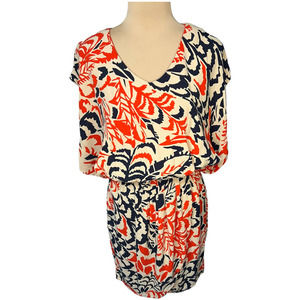 Taylor Neutral Abstract Print Wrap Skirt Butterfly Sleeve Dress, Size 6